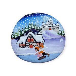 Vintage Hand Painted Rock Brooch Pin Kids Snow Winter  Theme